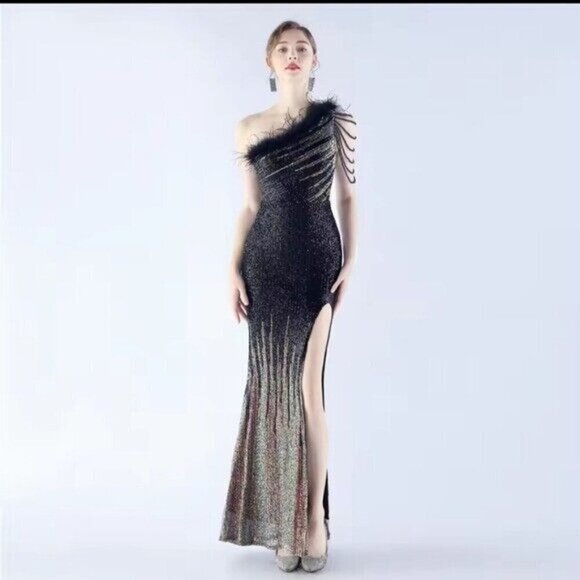 Navy, One Shoulder Beaded, Feather Neck, Sequined/ Mesh, Gradient Mermaid Gown - Picture 4 of 16